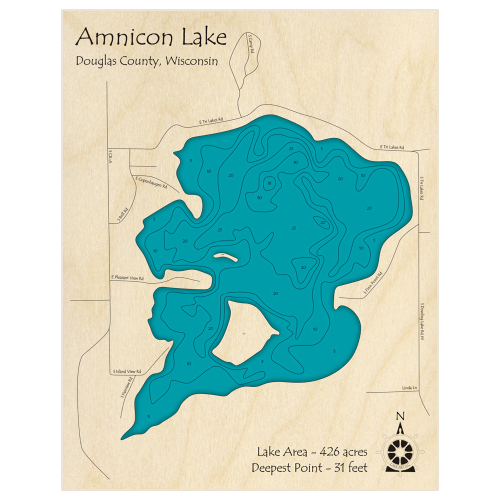 Bathymetric topo map of Amnicon Lake with roads, towns and depths noted in blue water
