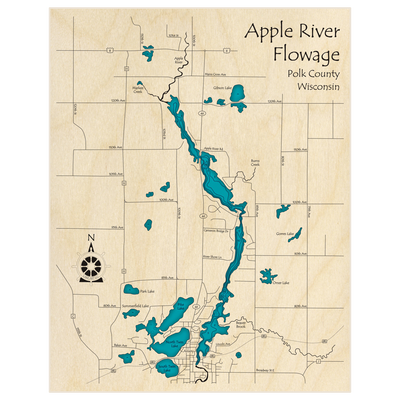 Bathymetric topo map of Apple River Flowage with roads, towns and depths noted in blue water