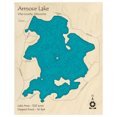 Bathymetric topo map of Armour Lake with roads, towns and depths noted in blue water