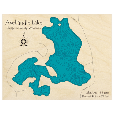 Bathymetric topo map of Axehandle Lake with roads, towns and depths noted in blue water