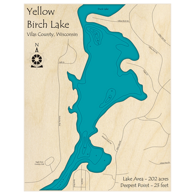 Bathymetric topo map of Yellow Birch Lake with roads, towns and depths noted in blue water