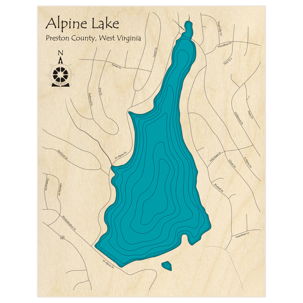 Bathymetric topo map of Alpine Lake  with roads, towns and depths noted in blue water