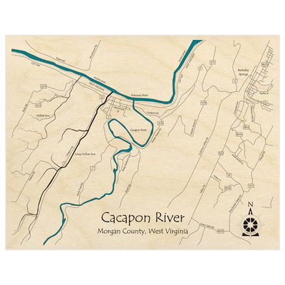 Bathymetric topo map of Cacapon River at Berkeley (SINGLE LEVEL ONLY) with roads, towns and depths noted in blue water