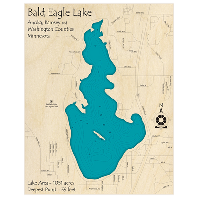 Bathymetric topo map of Bald Eagle Lake with roads, towns and depths noted in blue water