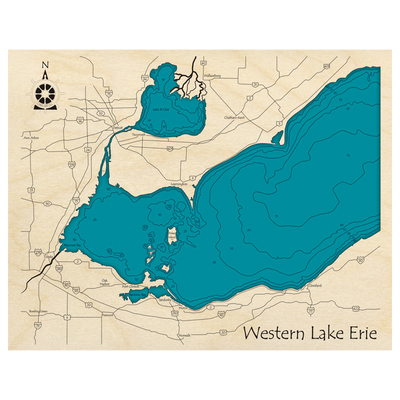 Bathymetric topo map of Lake Erie with roads, towns and depths noted in blue water.