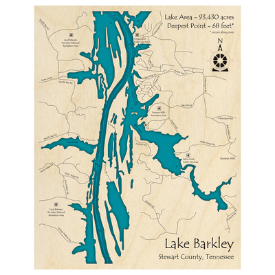 Bathymetric topo map of Lake Barkley, TN with roads, towns and depths noted in blue water.