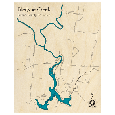 Bathymetric topo map of Bledsoe Creek near HWY 25, TN with roads, towns and depths noted in blue water.