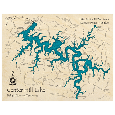 Bathymetric topo map of Center Hill Lake, TN with roads, towns and depths noted in blue water.