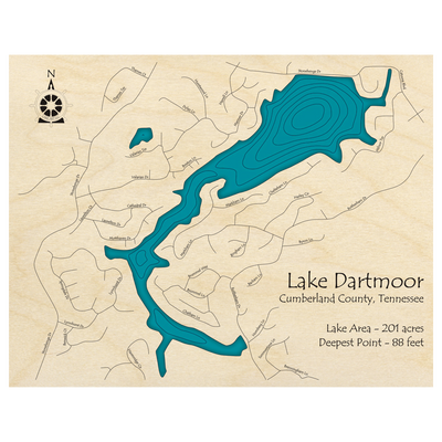 Bathymetric topo map of Lake Dartmoor, TN with roads, towns and depths noted in blue water.