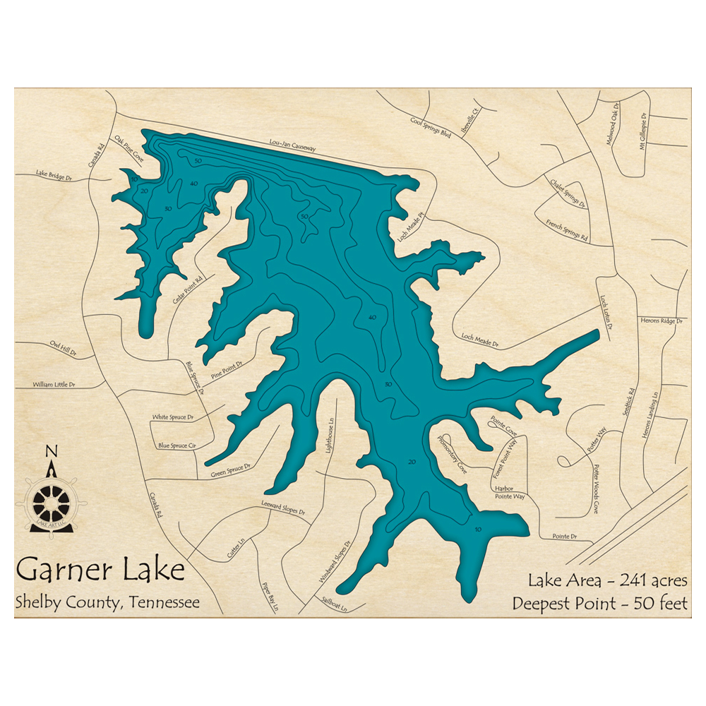 Bathymetric topo map of Garner Lake, TN with roads, towns and depths noted in blue water.