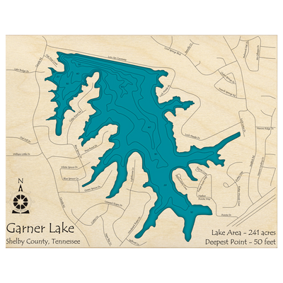 Bathymetric topo map of Garner Lake, TN with roads, towns and depths noted in blue water.