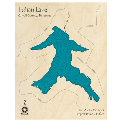 Bathymetric topo map of Indian Lake, TN with roads, towns and depths noted in blue water.