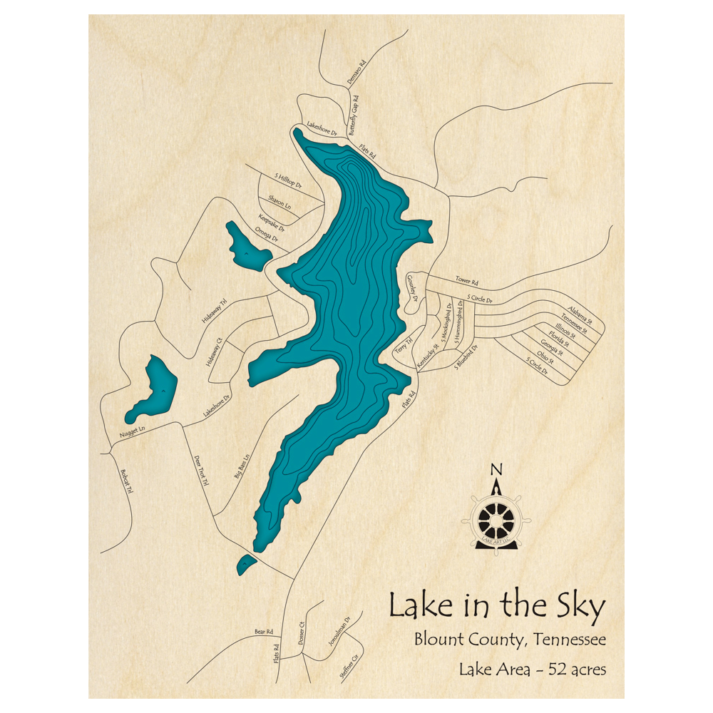 Bathymetric topo map of Lake in the Sky, TN with roads, towns and depths noted in blue water.