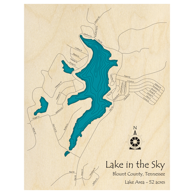 Bathymetric topo map of Lake in the Sky, TN with roads, towns and depths noted in blue water.