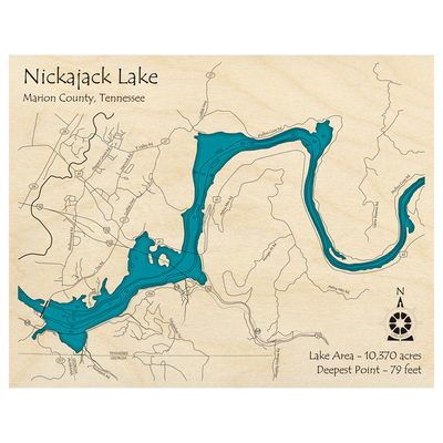 Bathymetric topo map of Nickajack Lake, TN with roads, towns and depths noted in blue water.