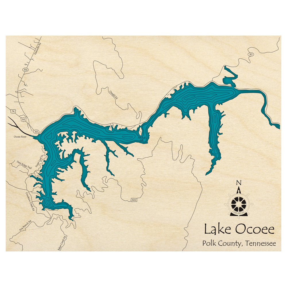 Bathymetric topo map of Lake Ocoee, TN with roads, towns and depths noted in blue water.