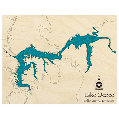 Bathymetric topo map of Lake Ocoee, TN with roads, towns and depths noted in blue water.