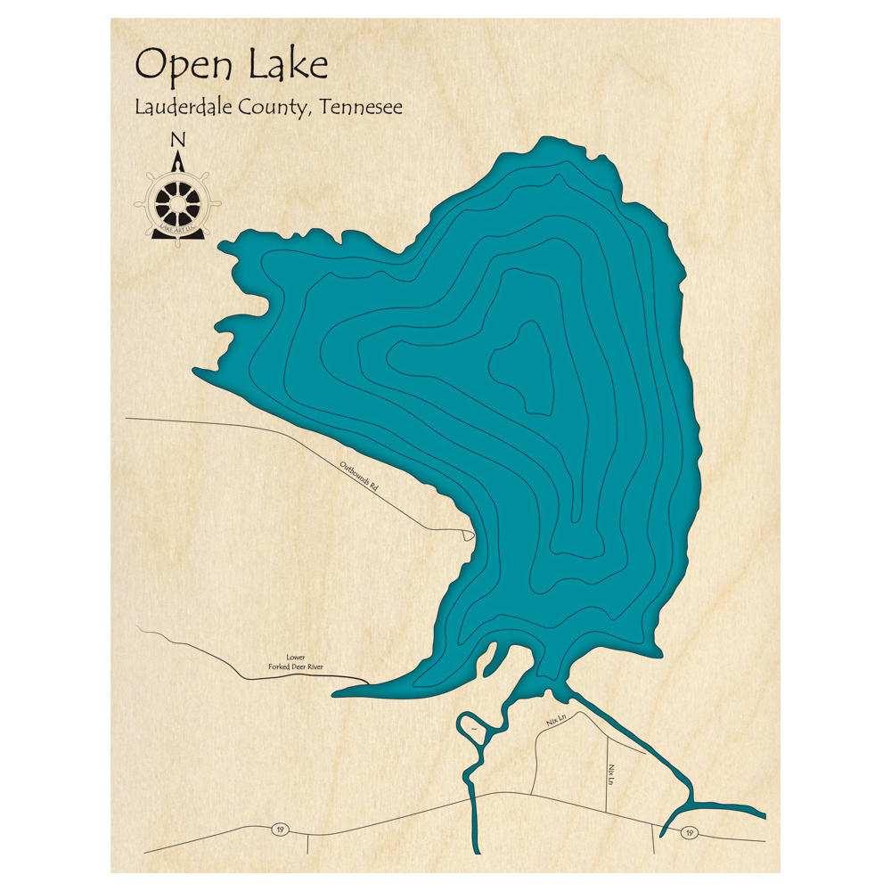 Bathymetric topo map of Open Lake, TN with roads, towns and depths noted in blue water.