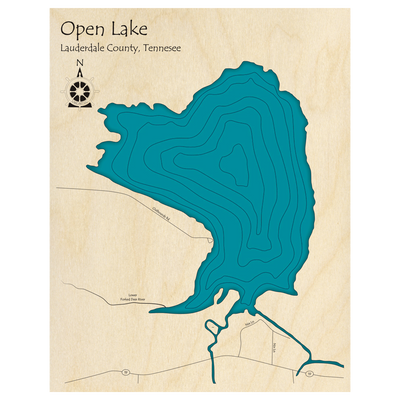 Bathymetric topo map of Open Lake, TN with roads, towns and depths noted in blue water.