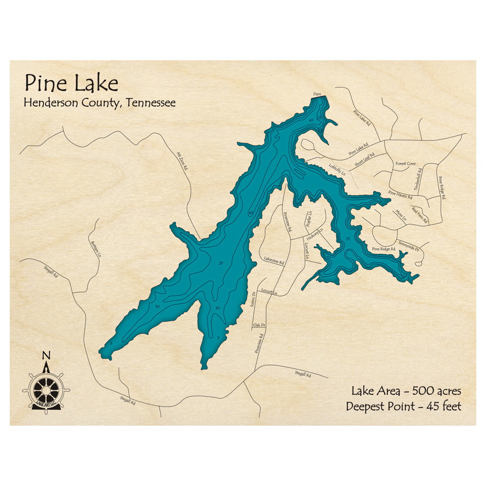 Bathymetric topo map of Pine Lake, TN with roads, towns and depths noted in blue water.