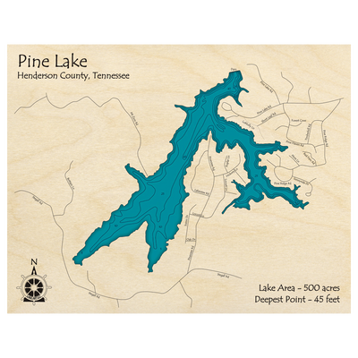Bathymetric topo map of Pine Lake, TN with roads, towns and depths noted in blue water.