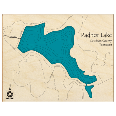 Bathymetric topo map of Radnor Lake, TN with roads, towns and depths noted in blue water.