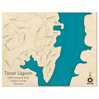 Bathymetric topo map of Tenasi Lagoon, TN with roads, towns and depths noted in blue water.