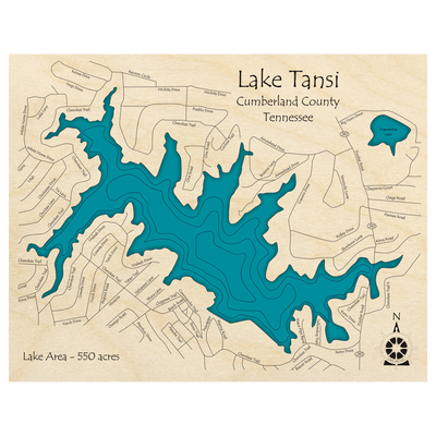 Bathymetric topo map of Lake Tansi, TN with roads, towns and depths noted in blue water.