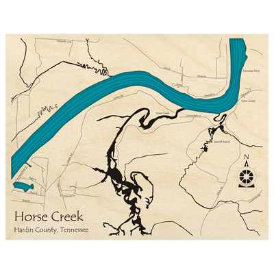 Bathymetric topo map of Horse Creek, TN with roads, towns and depths noted in blue water.