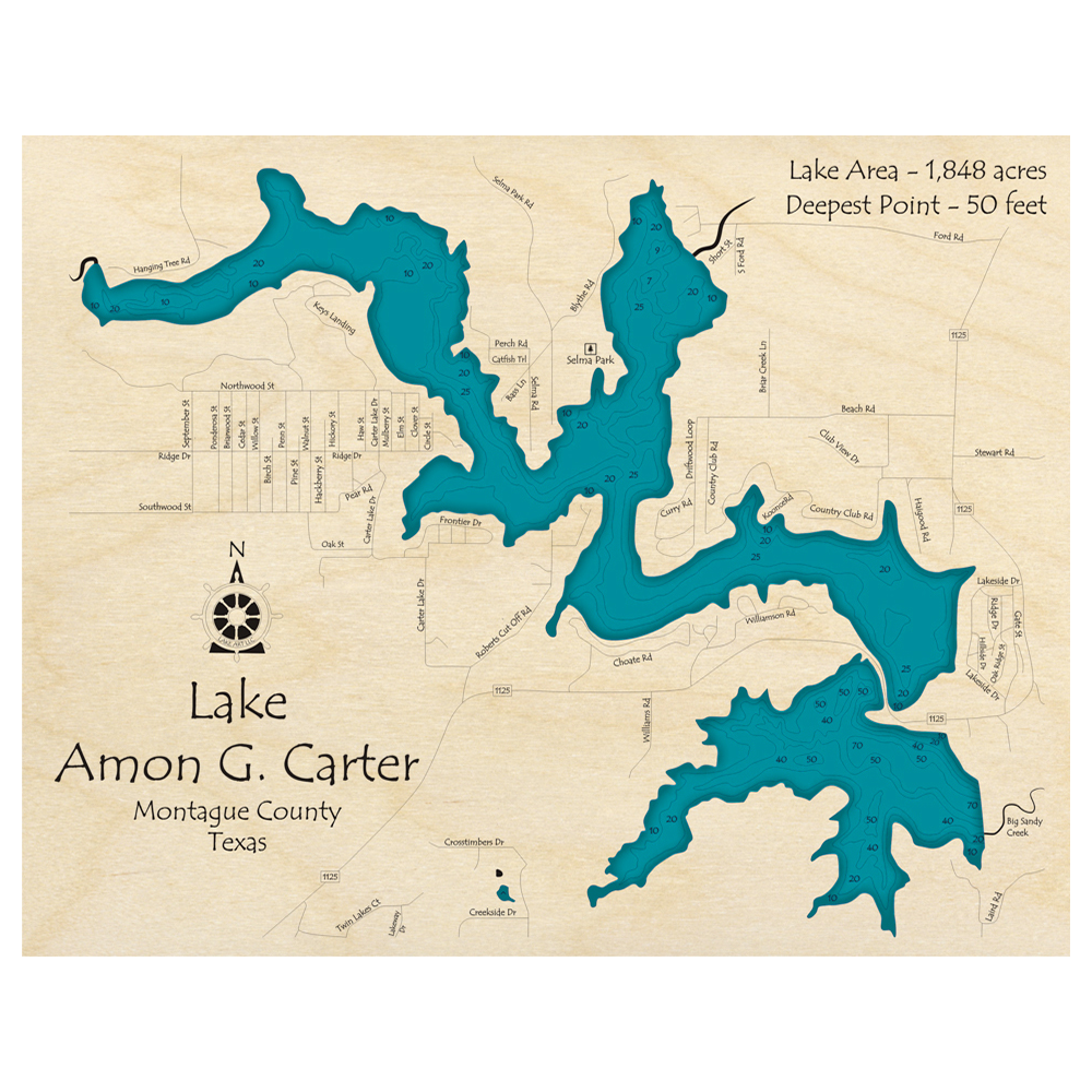 Bathymetric topo map of Lake Amon G Carter, TX with roads, towns and depths noted in blue water.