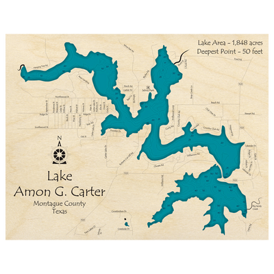 Bathymetric topo map of Lake Amon G Carter, TX with roads, towns and depths noted in blue water.