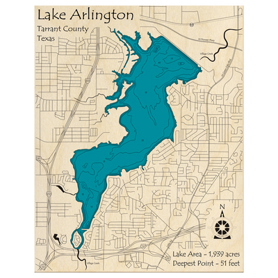 Bathymetric topo map of Lake Arlington, TX with roads, towns and depths noted in blue water.