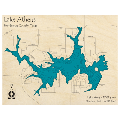 Bathymetric topo map of Lake Athens, TX with roads, towns and depths noted in blue water.