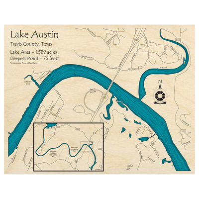 Bathymetric topo map of Lake Austin, TX with roads, towns and depths noted in blue water.