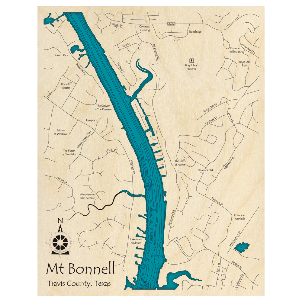 Bathymetric topo map of Lake Austin, TX with roads, towns and depths noted in blue water.