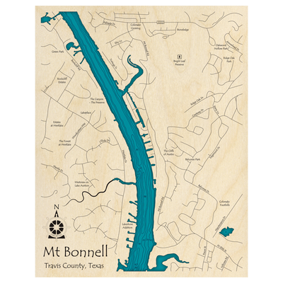 Bathymetric topo map of Lake Austin, TX with roads, towns and depths noted in blue water.