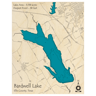 Bathymetric topo map of Bardwell Lake, TX with roads, towns and depths noted in blue water.