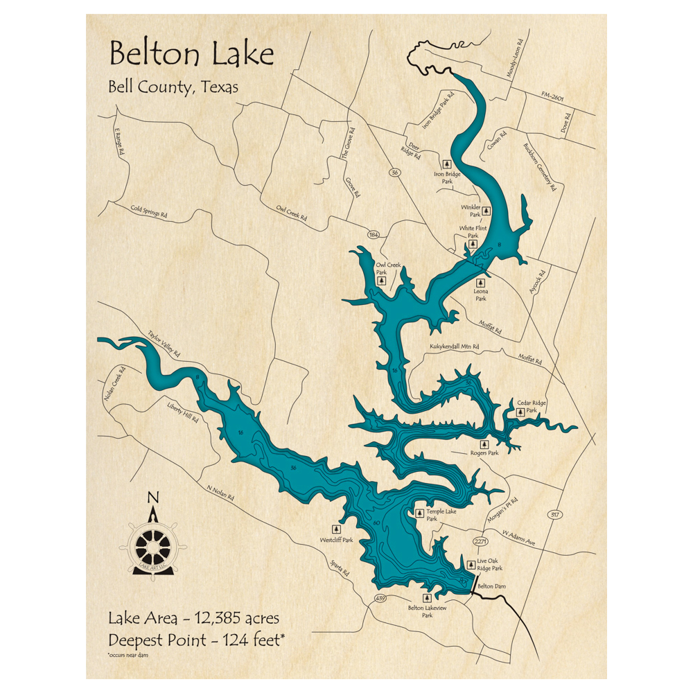 Bathymetric topo map of Belton Lake, TX with roads, towns and depths noted in blue water.