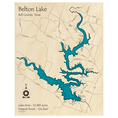 Bathymetric topo map of Belton Lake, TX with roads, towns and depths noted in blue water.