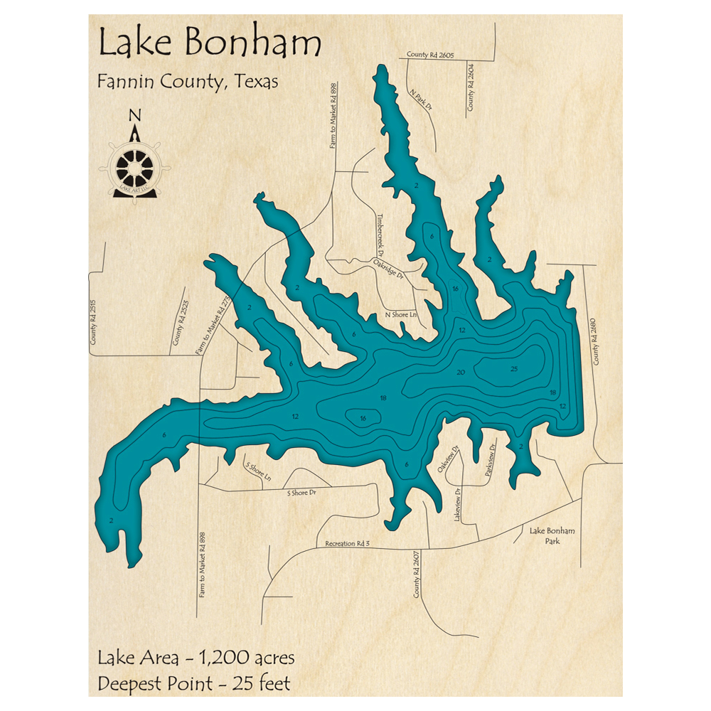 Bonham Map Lake Bonham, Texas 3D Custom Wood Map – Lake Art LLC