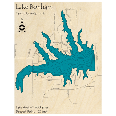 Bathymetric topo map of Lake Bonham, TX with roads, towns and depths noted in blue water.