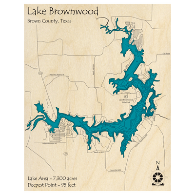 Bathymetric topo map of Lake Brownwood, TX with roads, towns and depths noted in blue water.