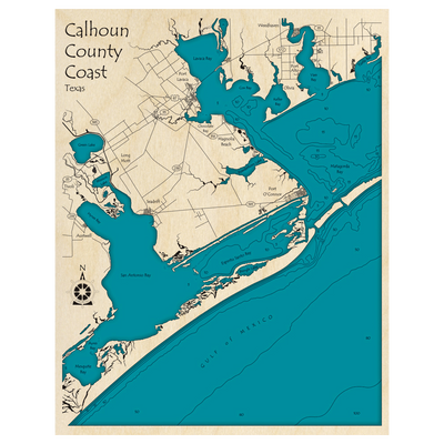 Bathymetric topo map of Calhoun County Coastline, TX with roads, towns and depths noted in blue water.