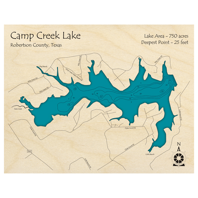 Bathymetric topo map of Camp Creek Lake, TX with roads, towns and depths noted in blue water.