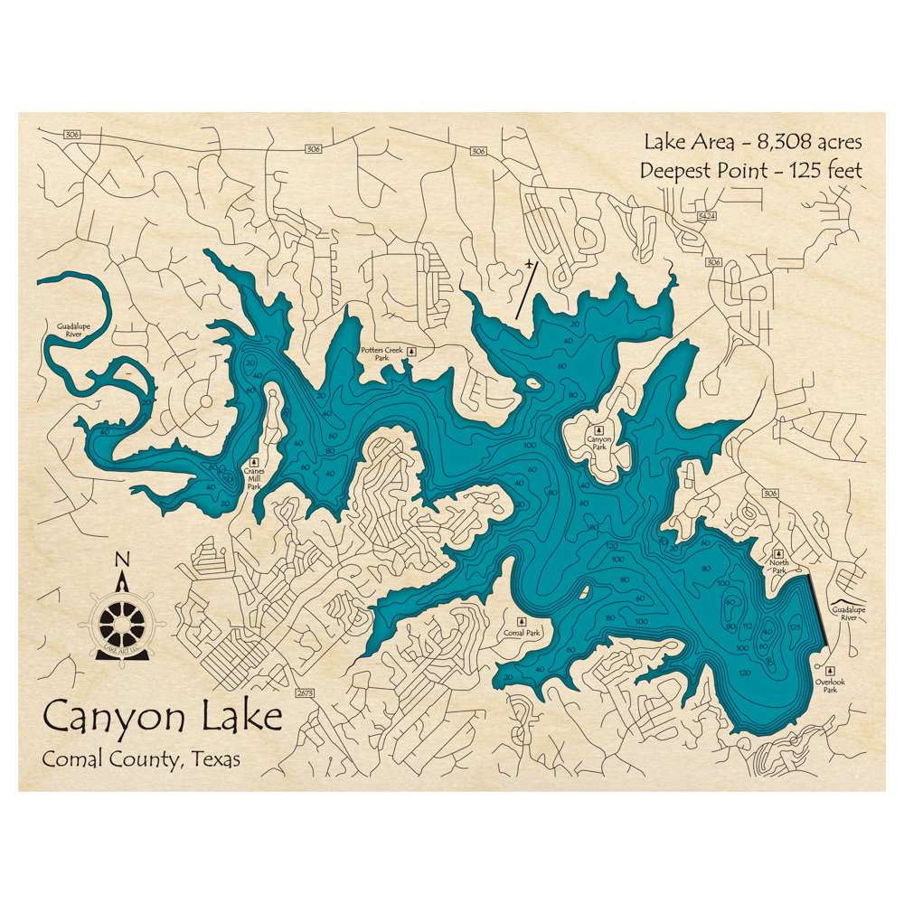 Bathymetric topo map of Canyon Lake, TX with roads, towns and depths noted in blue water.