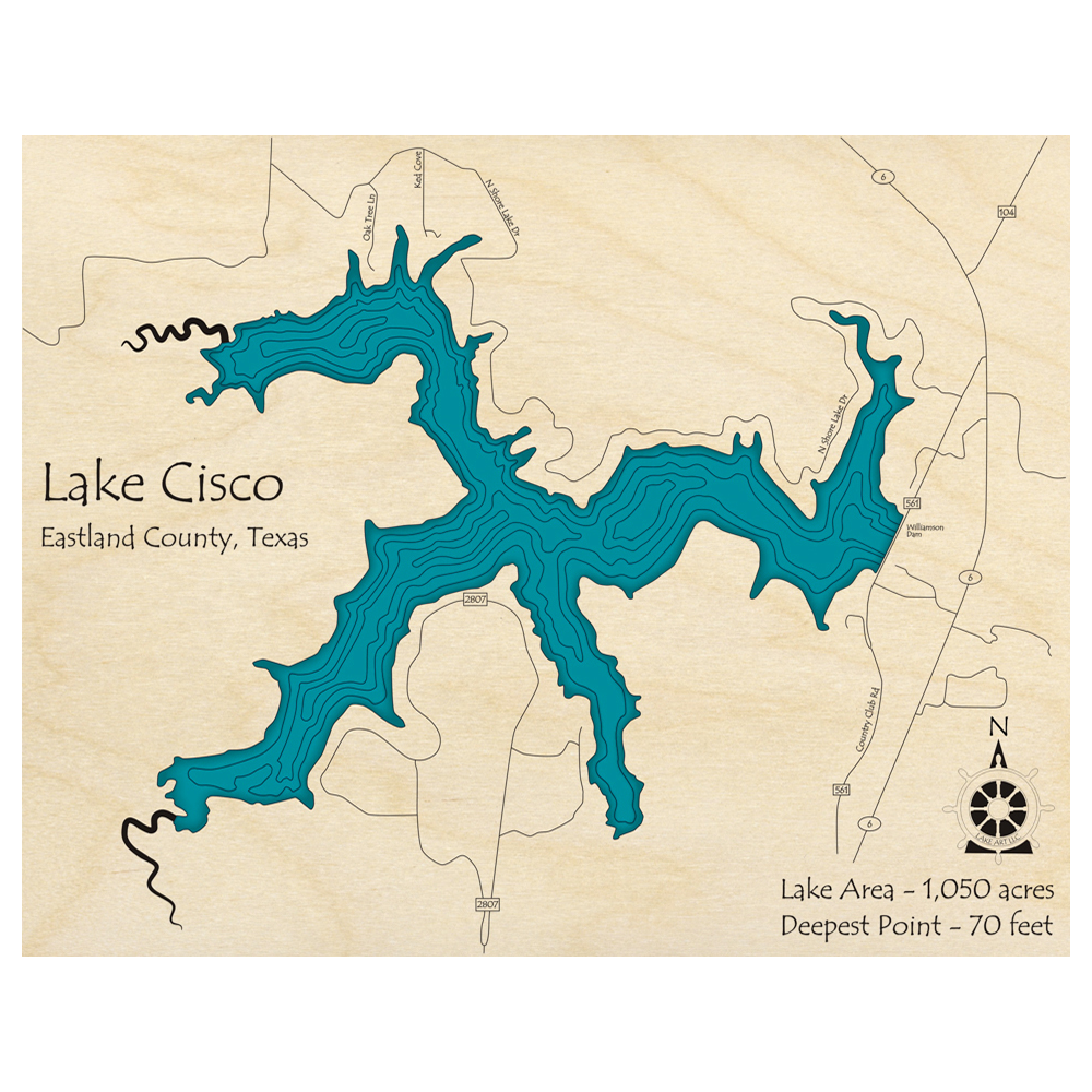 Bathymetric topo map of Lake Cisco, TX with roads, towns and depths noted in blue water.