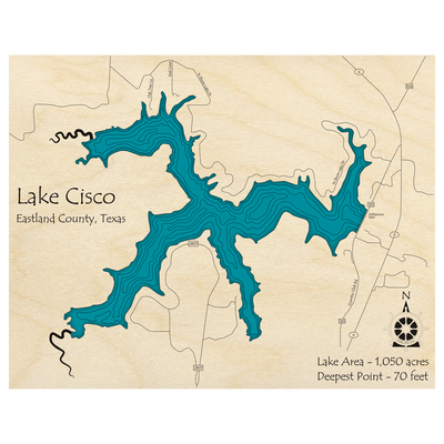 Bathymetric topo map of Lake Cisco, TX with roads, towns and depths noted in blue water.