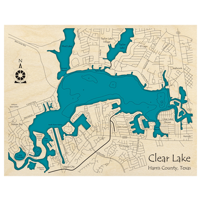 Bathymetric topo map of Clear Lake, TX with roads, towns and depths noted in blue water.