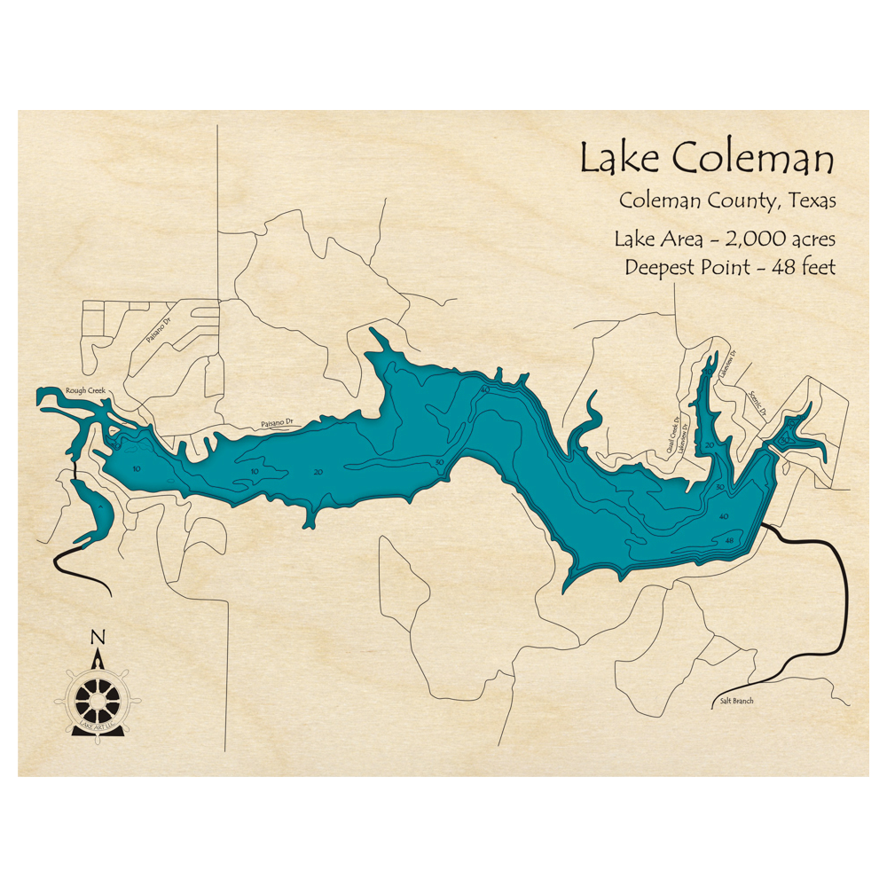 Bathymetric topo map of Lake Coleman, TX with roads, towns and depths noted in blue water.