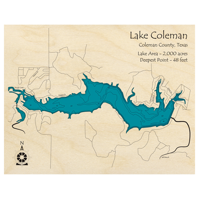 Bathymetric topo map of Lake Coleman, TX with roads, towns and depths noted in blue water.